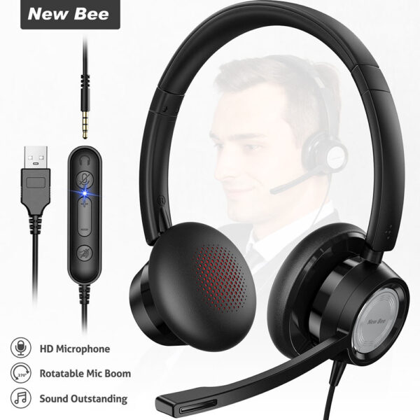 New Bee H362 Wired USB Call Center Headset with Noise-Canceling Mic for PC and Office Use