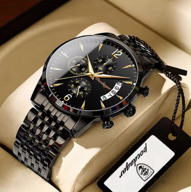 POEDAGAR luxury men’s waterproof quartz wristwatch with luminous dial and date display, black and silver design with gift box.