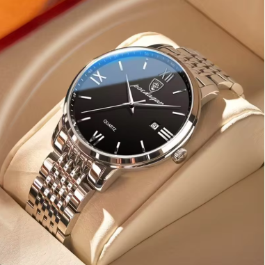 POEDAGAR men’s stainless steel waterproof luxury quartz wristwatch with luminous hands and date display on a dark background.