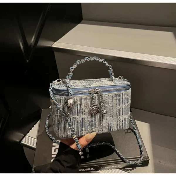 Fashionable women’s denim box bag with chain strap, square shape, and splicing design in blue