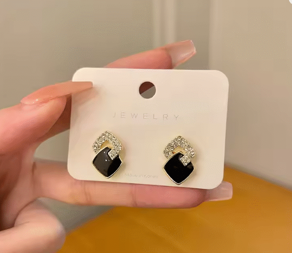 Black Geometric Square Stud Earrings for Women - Luxury Zircon Korean Designer Jewelry