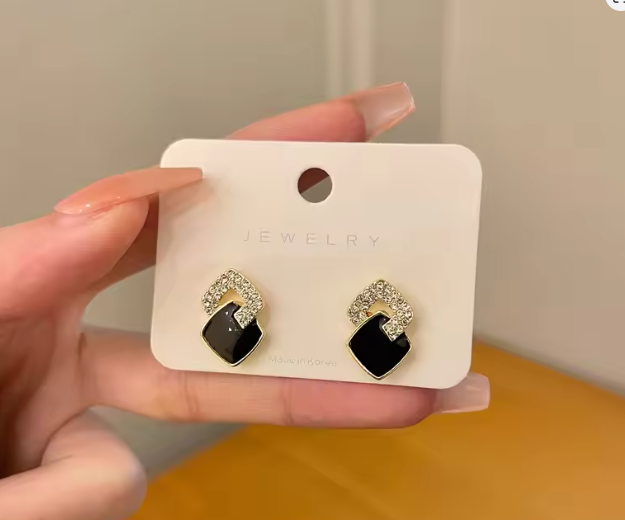 Black Geometric Square Stud Earrings for Women - Luxury Zircon Korean Designer Jewelry