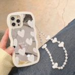 Lovely white heart makeup mirror iPhone case with bracelet, soft silicone shockproof cover for iPhone 14 15 16 Pro Max 13 12 11 XR XS X