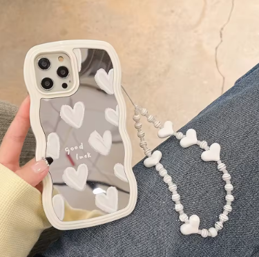 Lovely white heart makeup mirror iPhone case with bracelet, soft silicone shockproof cover for iPhone 14 15 16 Pro Max 13 12 11 XR XS X