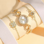 Three-piece women’s jewelry set with heart-shaped diamond bracelet, four-leaf clover bracelet, and flower diamond watch – elegant fashion accessories without gift box.