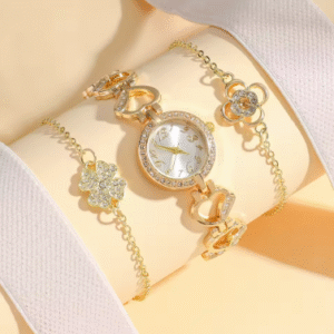 Three-piece women’s jewelry set with heart-shaped diamond bracelet, four-leaf clover bracelet, and flower diamond watch – elegant fashion accessories without gift box.