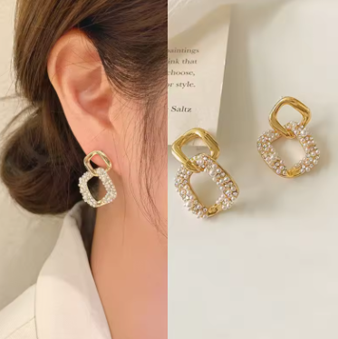 Trendy geometric dangle earrings with crystals, imitation pearls, and tassels for women, party fashion jewelry