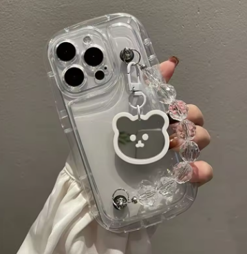 Cute white bear pendant bracelet iPhone case with rhombus beads – clear soft shockproof protective cover for iPhone 15 14 13 12 11 Pro Max XS XR