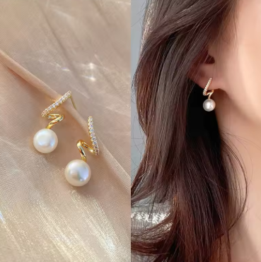 Gold Korean fashion pearl drop earrings with rhinestones, irregular twist design, statement jewelry for women