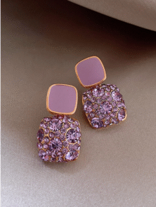 Purple retro square full diamond oil drop earrings for women, perfect for parties and weddings