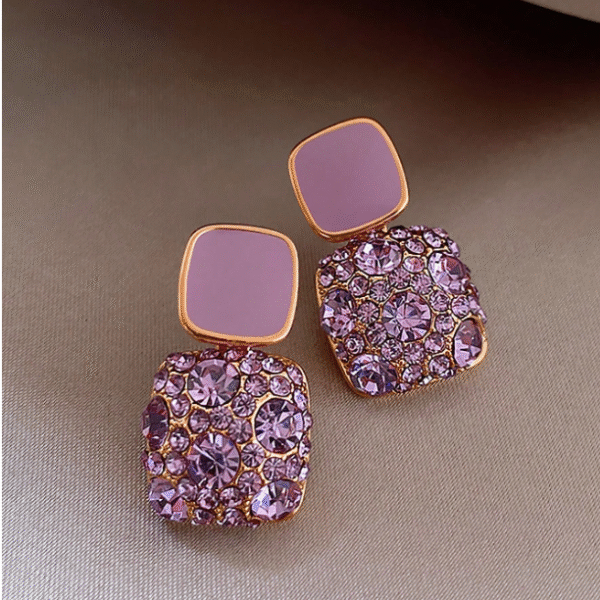 Purple retro square full diamond oil drop earrings for women, perfect for parties and weddings