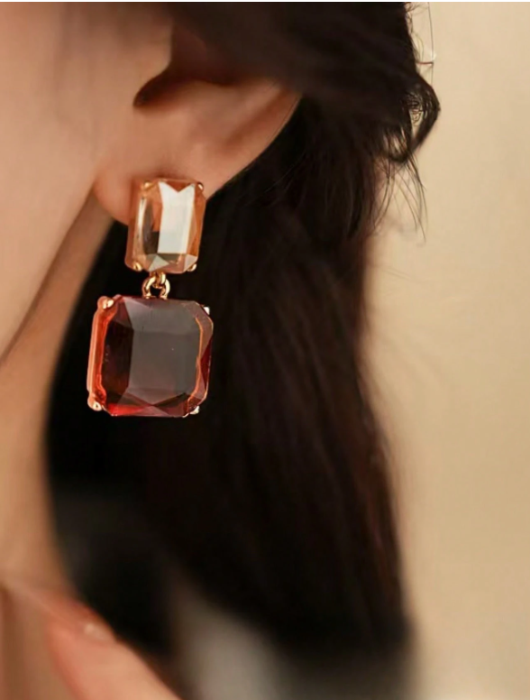 Minimalist square-shaped glass crystal drop earrings with rhinestones for women, bridesmaid wedding jewelry