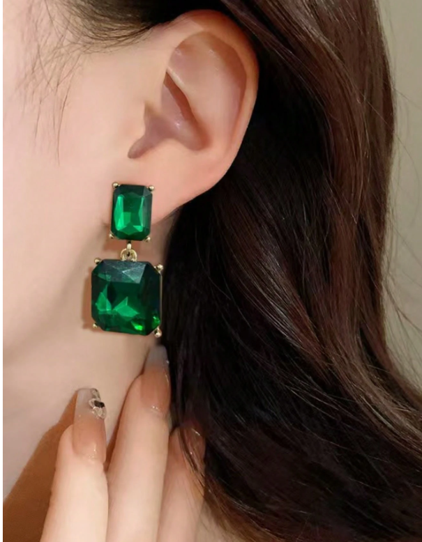 Minimalist square-shaped glass crystal drop earrings with rhinestones for women, bridesmaid wedding jewelry