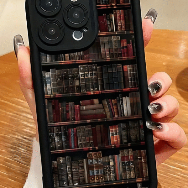 Black library bookshelf pattern TPU shockproof phone case compatible with Apple iPhone series