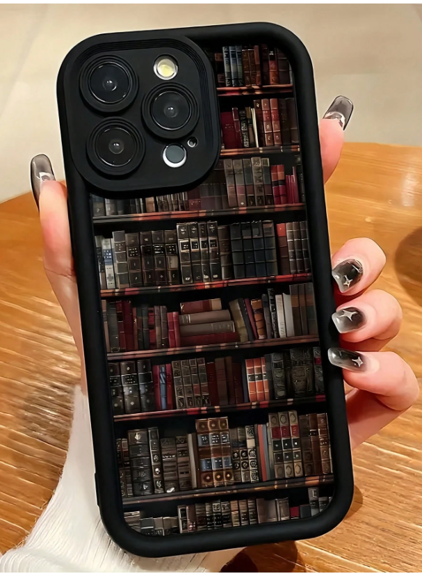 Black library bookshelf pattern TPU shockproof phone case compatible with Apple iPhone series